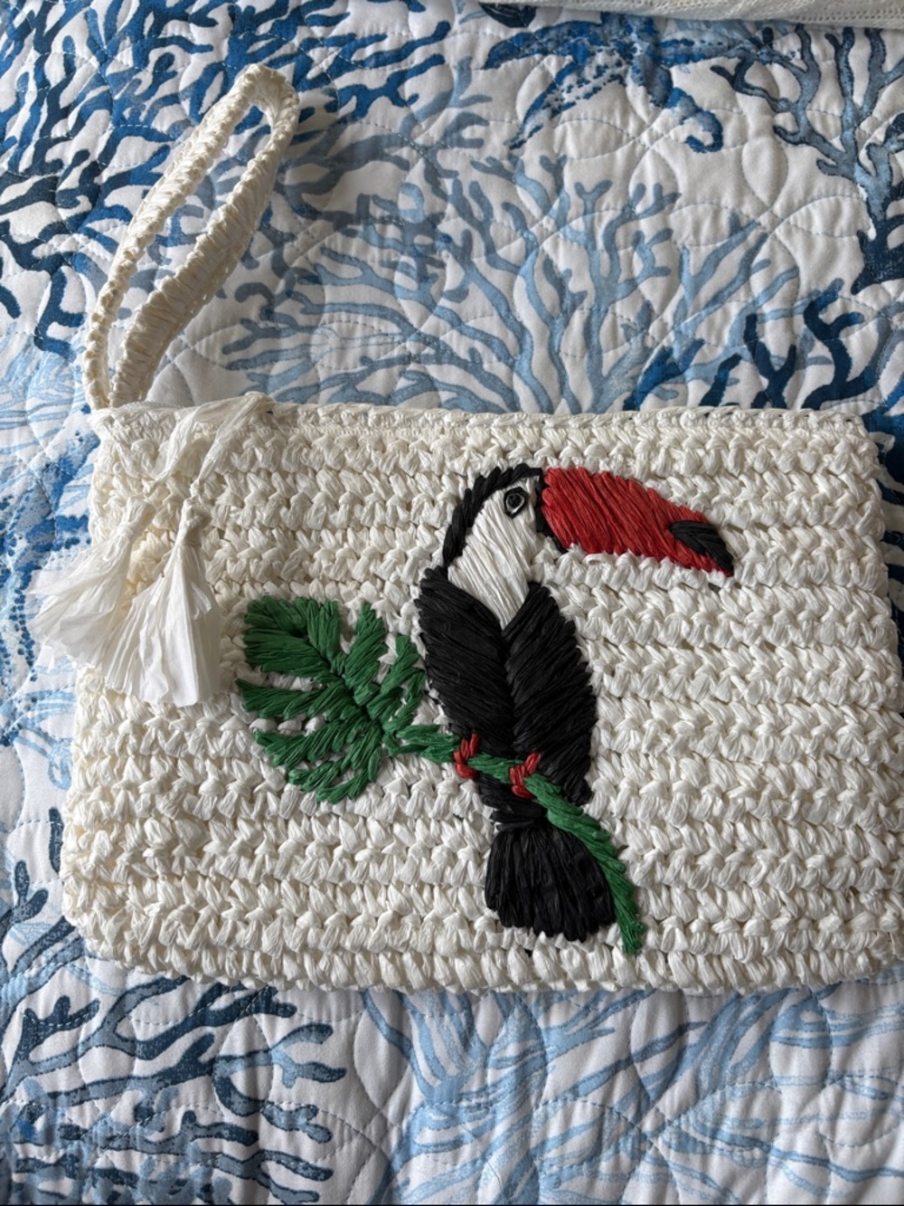 Handwoven white Toucan Clutch with Green Leaf Embroidery